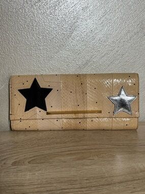 Brian Atwood Beige Snake Leather Print  Clutch